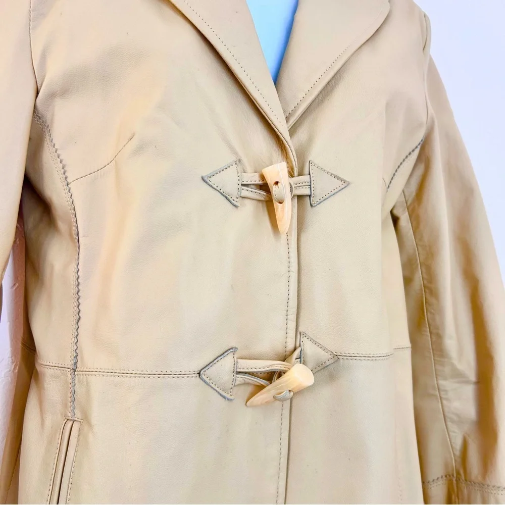 Vintage Y2K Terry Lewis Leather Trench Coat Cream Toggle Buttons Women's S